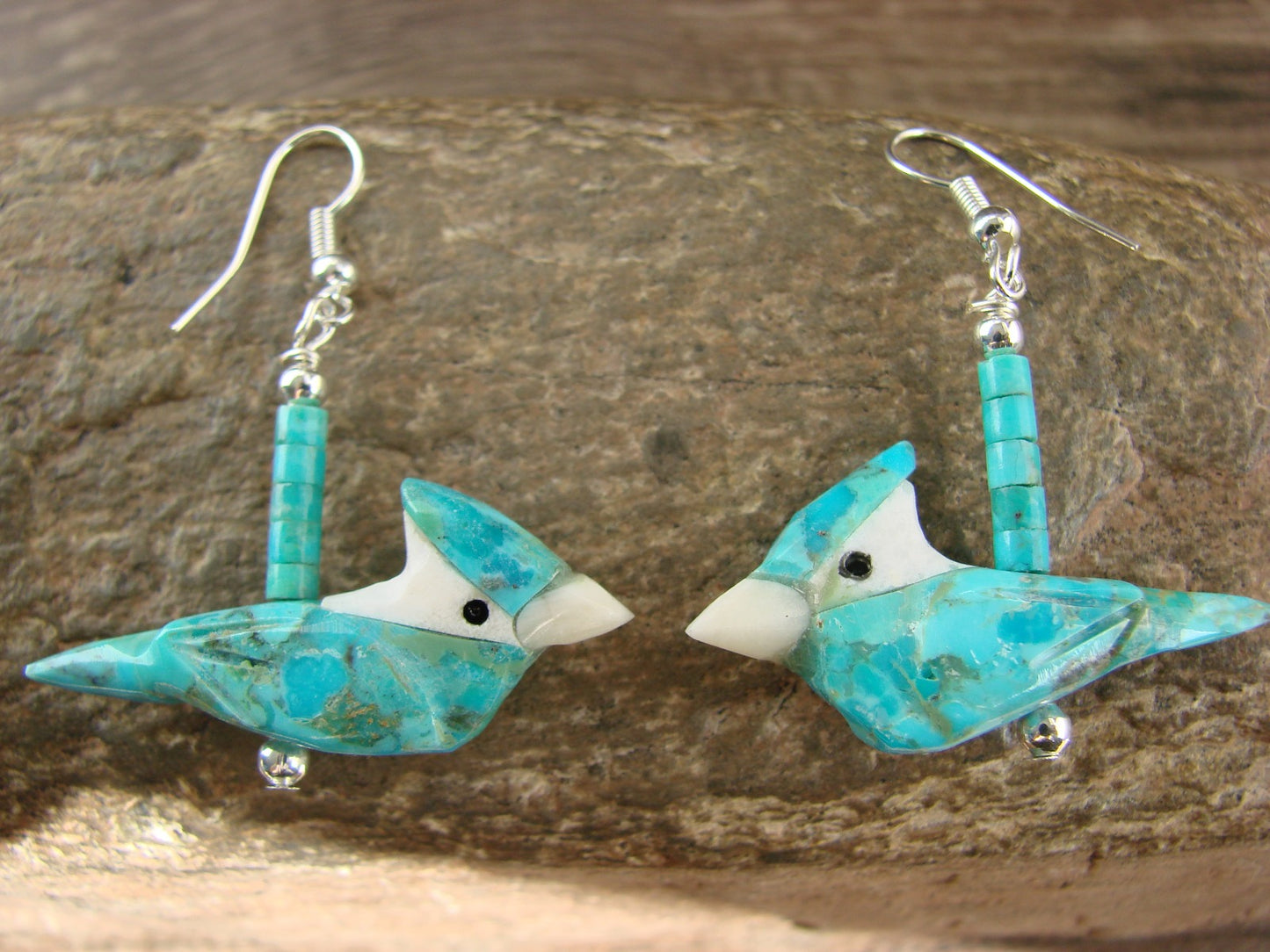 Hand Carved Turquoise Blue Jay Fetish Earrings by Matt Mitchell
