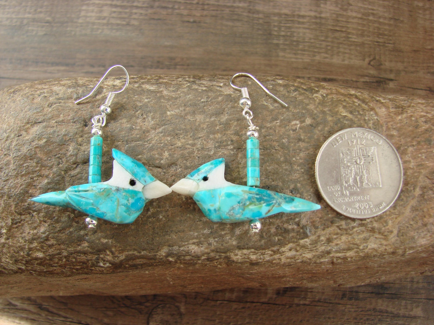 Hand Carved Turquoise Blue Jay Fetish Earrings by Matt Mitchell