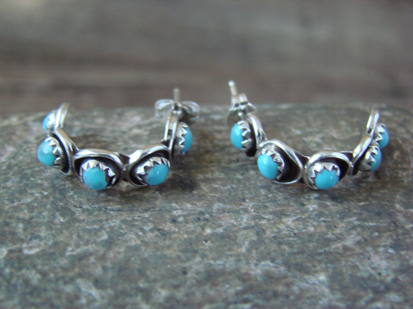 Native American Indian Sterling Silver & Turquoise Hoop Earrings - Lonasee