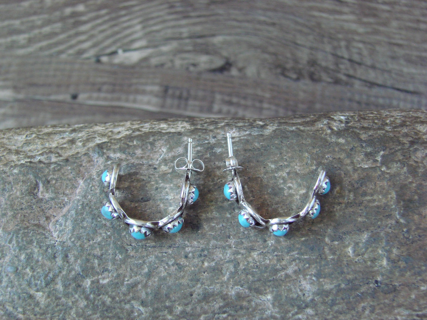 Native American Indian Sterling Silver & Turquoise Hoop Earrings - Lonasee