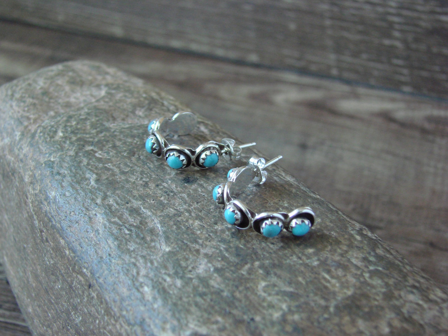 Native American Indian Sterling Silver & Turquoise Hoop Earrings - Lonasee