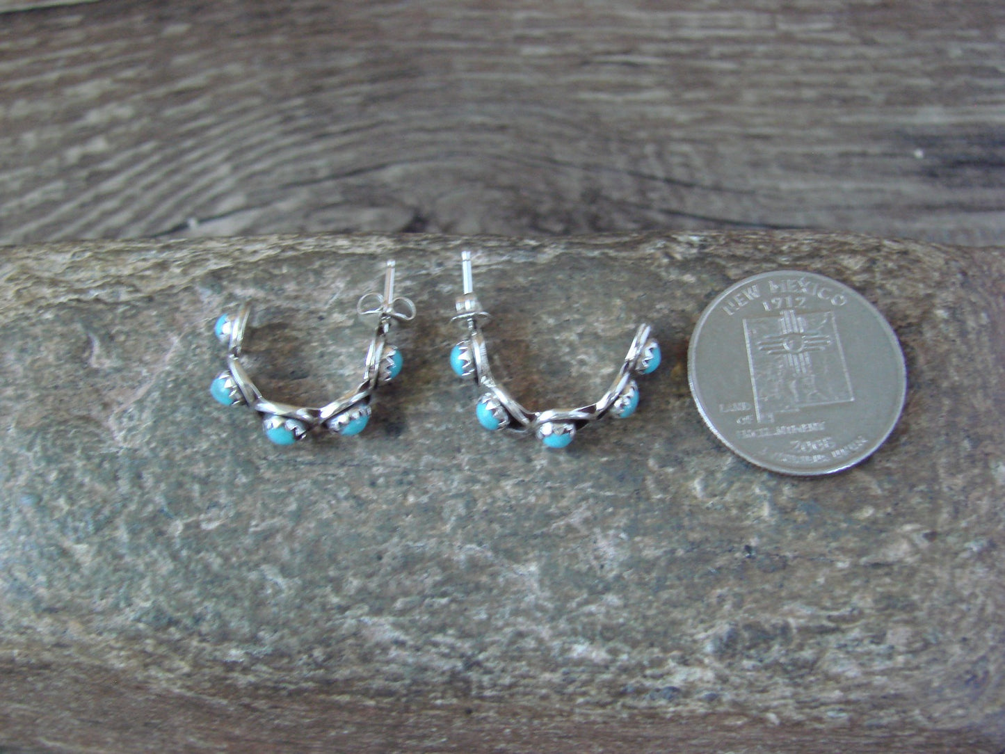 Native American Indian Sterling Silver & Turquoise Hoop Earrings - Lonasee