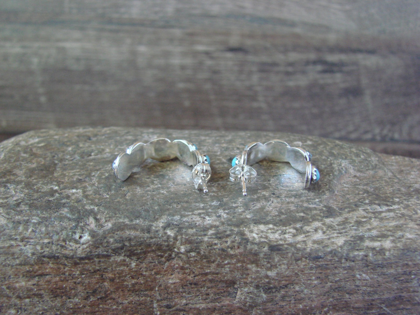 Native American Indian Sterling Silver & Turquoise Hoop Earrings - Lonasee