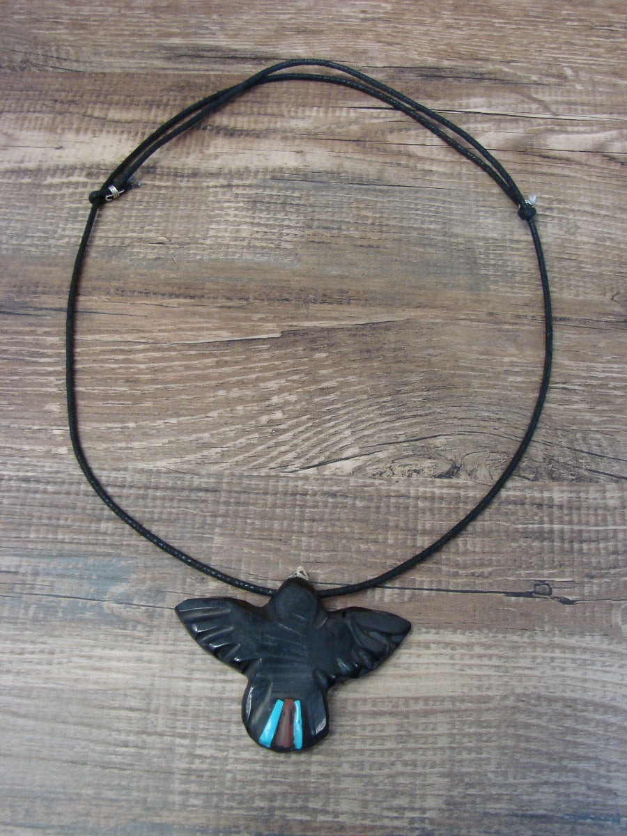 Hand Carved Jet & Turquoise Magpie Fetish Necklace by Matt Mitchell