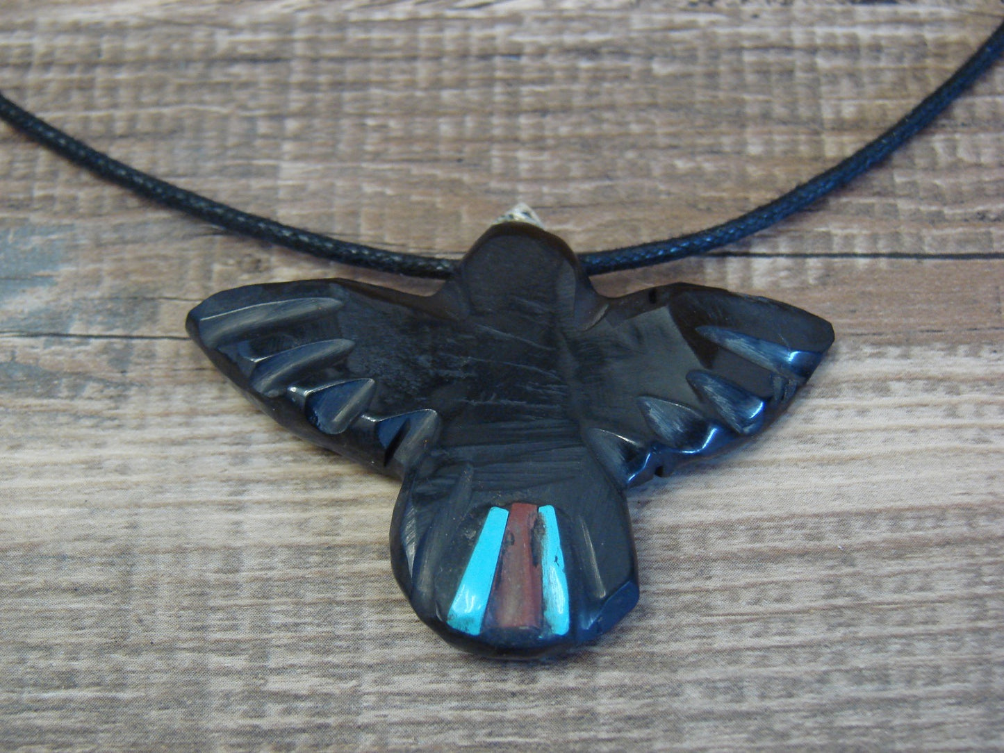 Hand Carved Jet & Turquoise Magpie Fetish Necklace by Matt Mitchell
