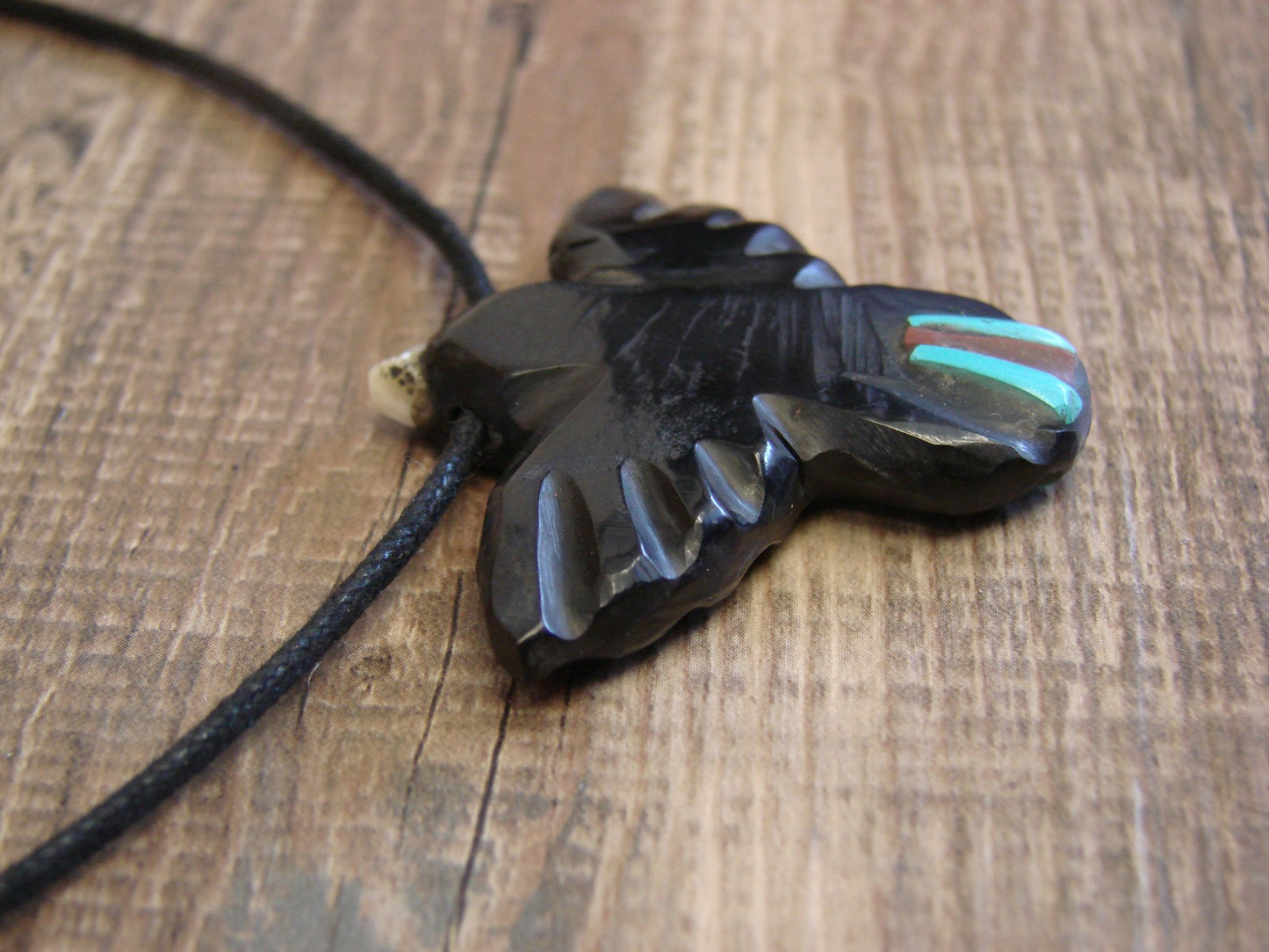 Hand Carved Jet & Turquoise Magpie Fetish Necklace by Matt Mitchell