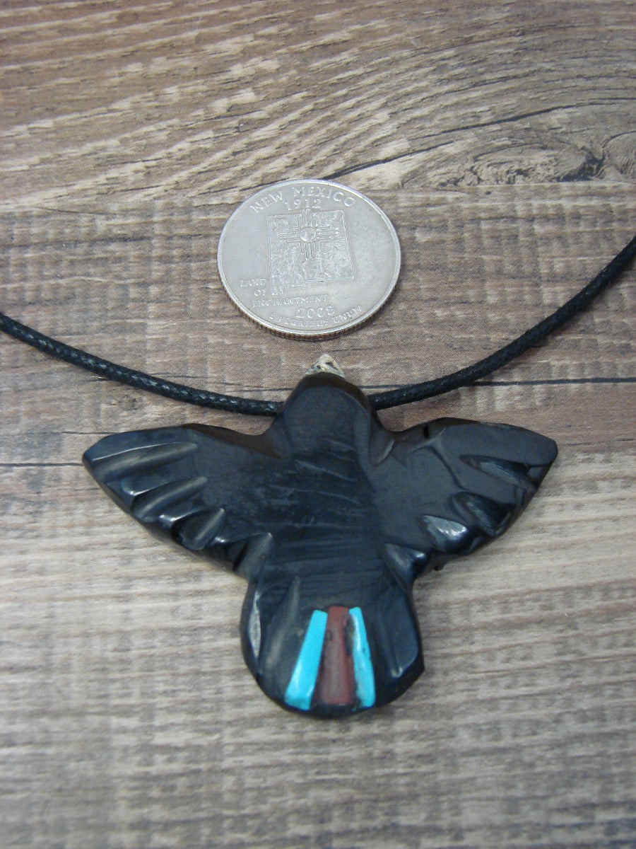 Hand Carved Jet & Turquoise Magpie Fetish Necklace by Matt Mitchell