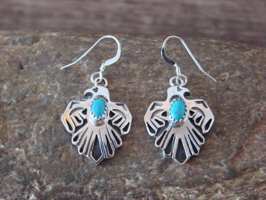 Native American Sterling Silver Hand Stamped Turquoise Thunderbird Earrings - Lonjose