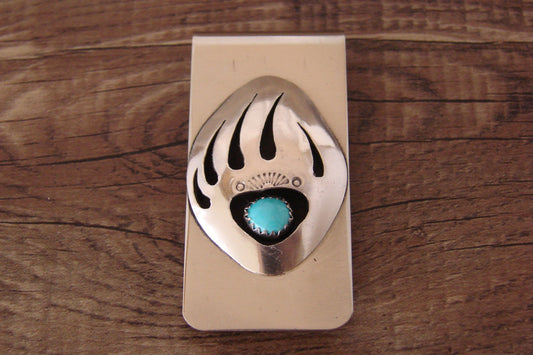 Navajo Indian Sterling Silver & Turquoise Bear Paw Money Clip