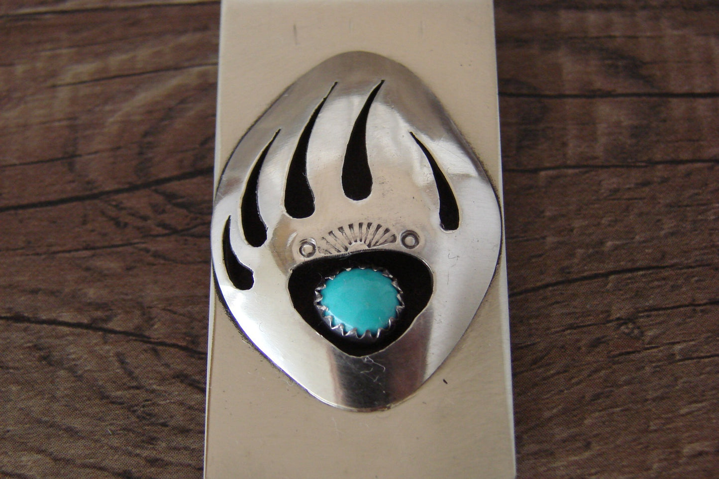 Navajo Indian Sterling Silver & Turquoise Bear Paw Money Clip