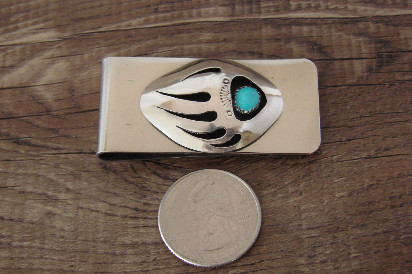 Navajo Indian Sterling Silver & Turquoise Bear Paw Money Clip