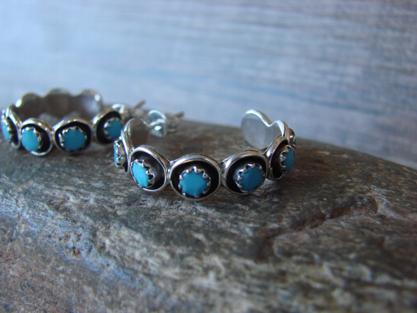 Native American Indian Sterling Silver & Turquoise 1" Hoop Earrings - Lonasee