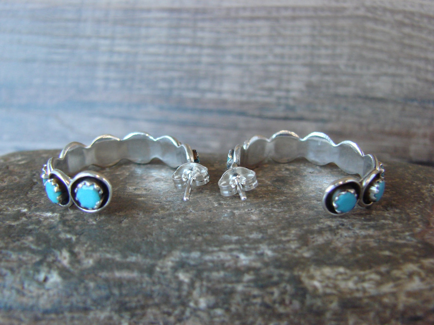 Native American Indian Sterling Silver & Turquoise 1" Hoop Earrings - Lonasee