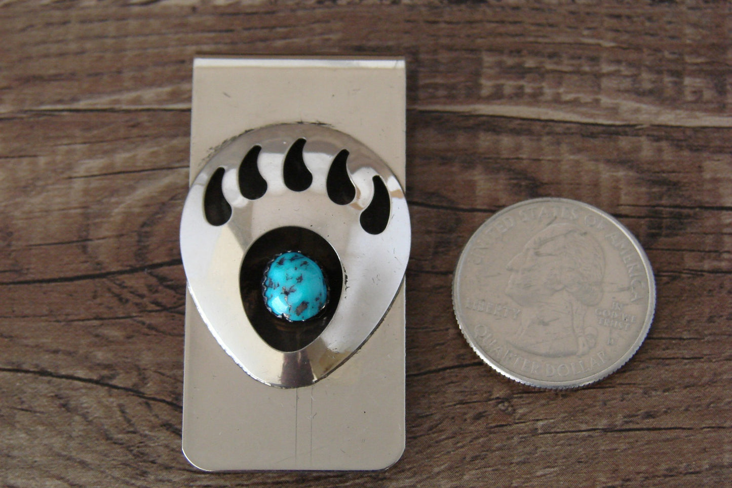Navajo Indian Sterling Silver Turquoise Bear Paw Money Clip
