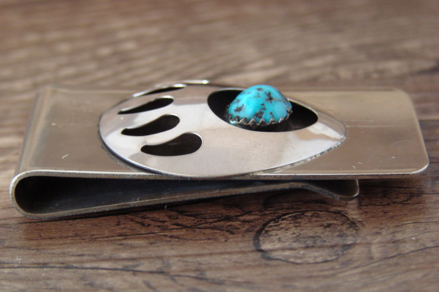 Navajo Indian Sterling Silver Turquoise Bear Paw Money Clip