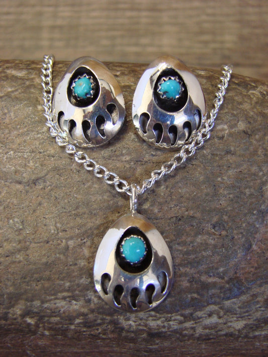 Native American Sterling Silver Turquoise Bear Paw Earrings & Necklace Set