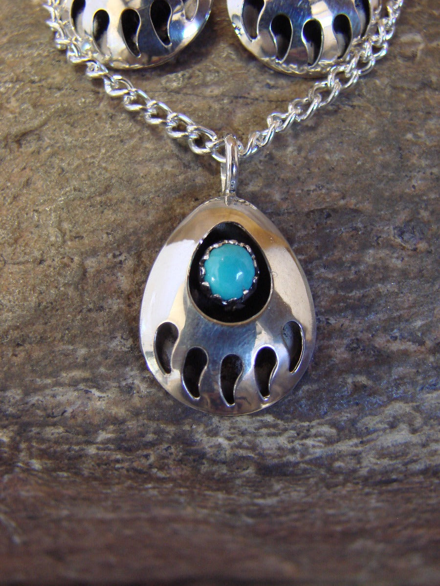 Native American Sterling Silver Turquoise Bear Paw Earrings & Necklace Set