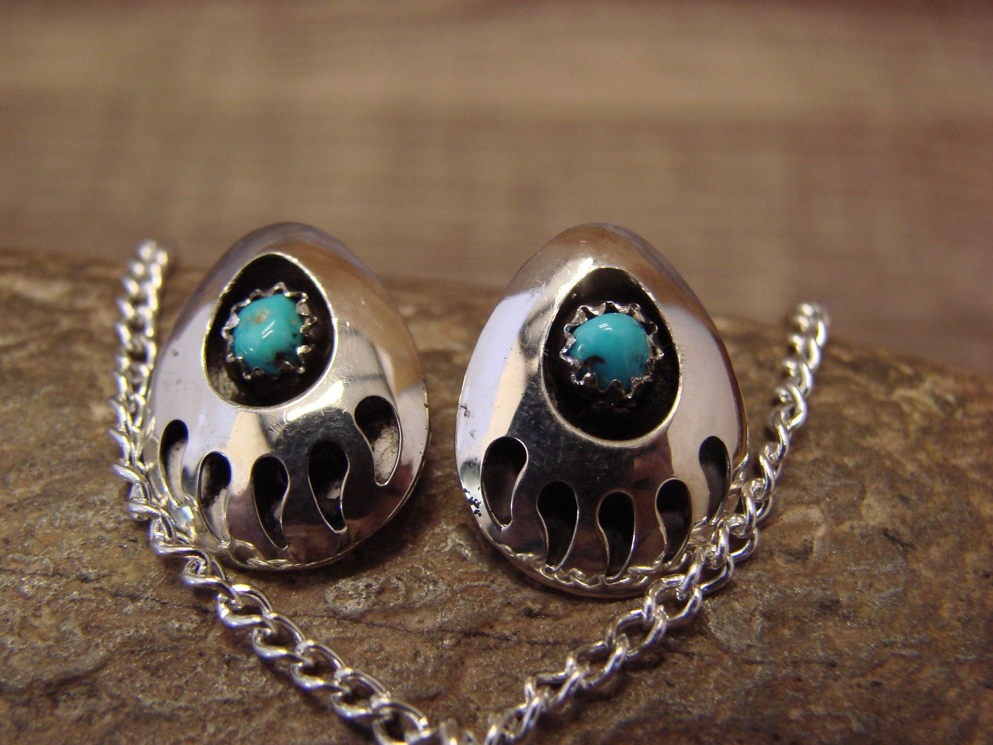 Native American Sterling Silver Turquoise Bear Paw Earrings & Necklace Set