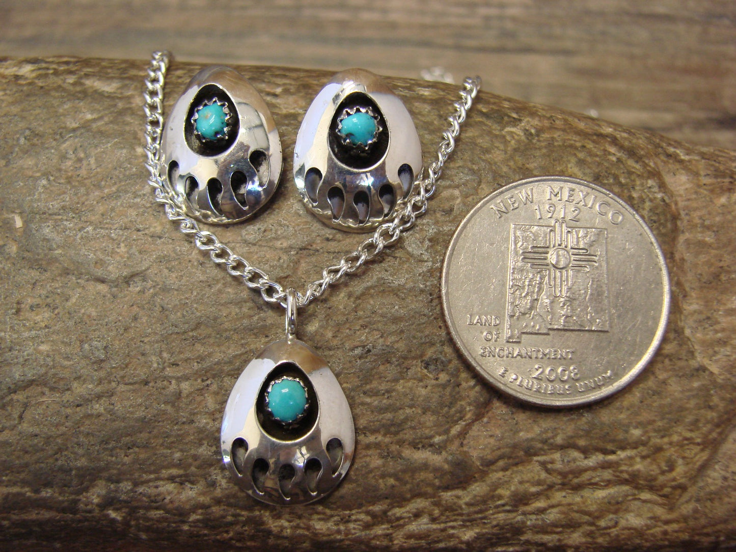 Native American Sterling Silver Turquoise Bear Paw Earrings & Necklace Set