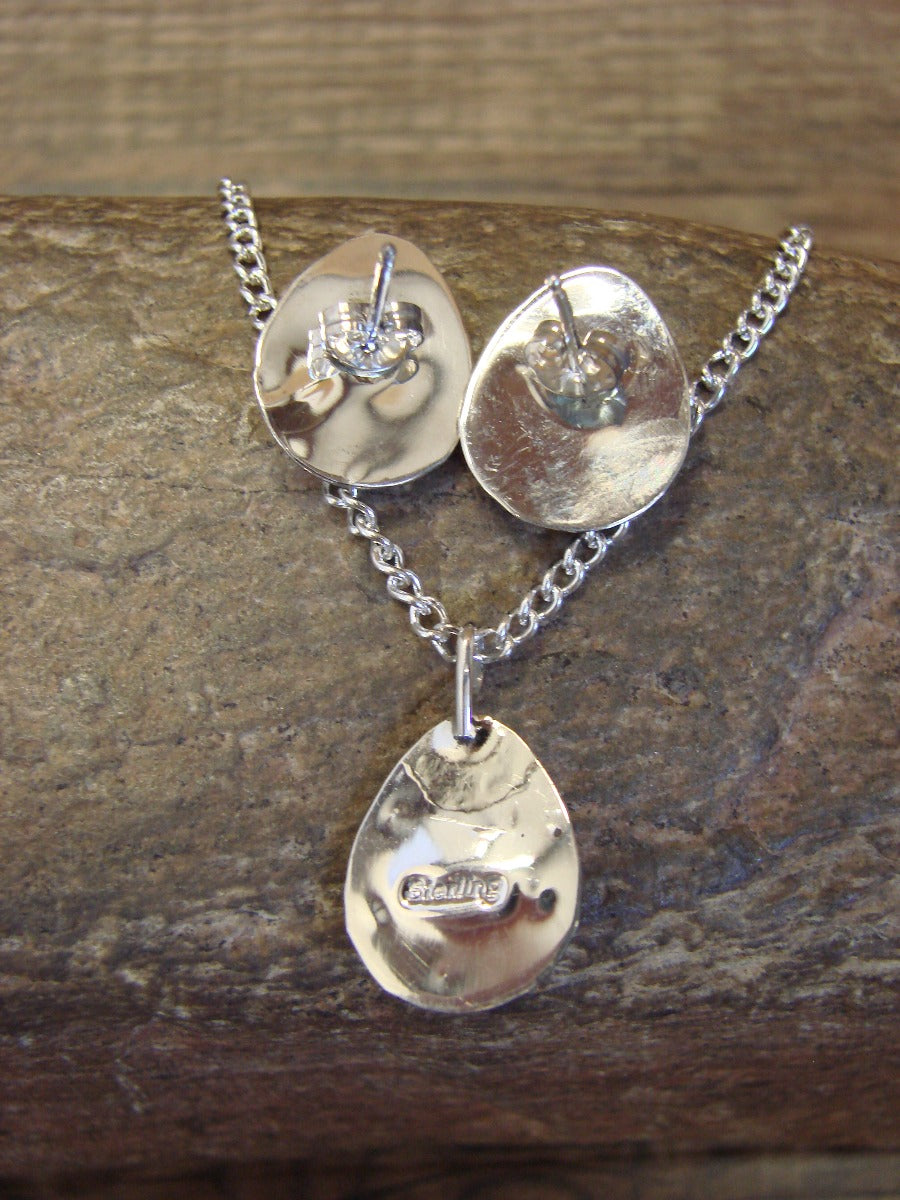 Native American Sterling Silver Turquoise Bear Paw Earrings & Necklace Set