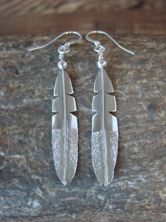Native American Navajo Indian Sterling Silver Feather Dangle Earrings by Arviso