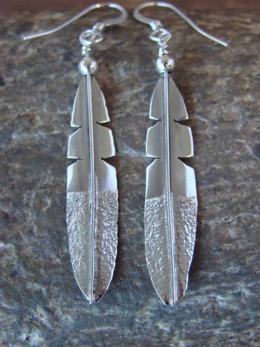 Native American Navajo Indian Sterling Silver Feather Dangle Earrings by Arviso