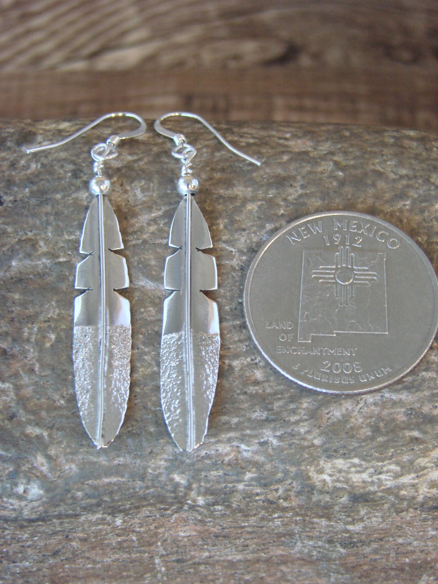 Native American Navajo Indian Sterling Silver Feather Dangle Earrings by Arviso