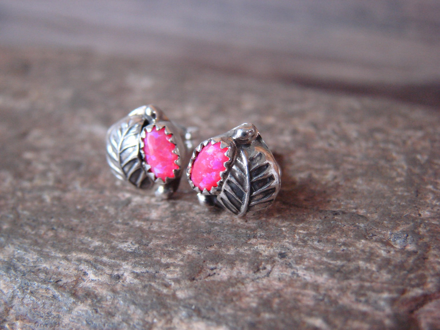 Navajo Sterling Silver & Pink Opal Feather Post Earrings by Joe
