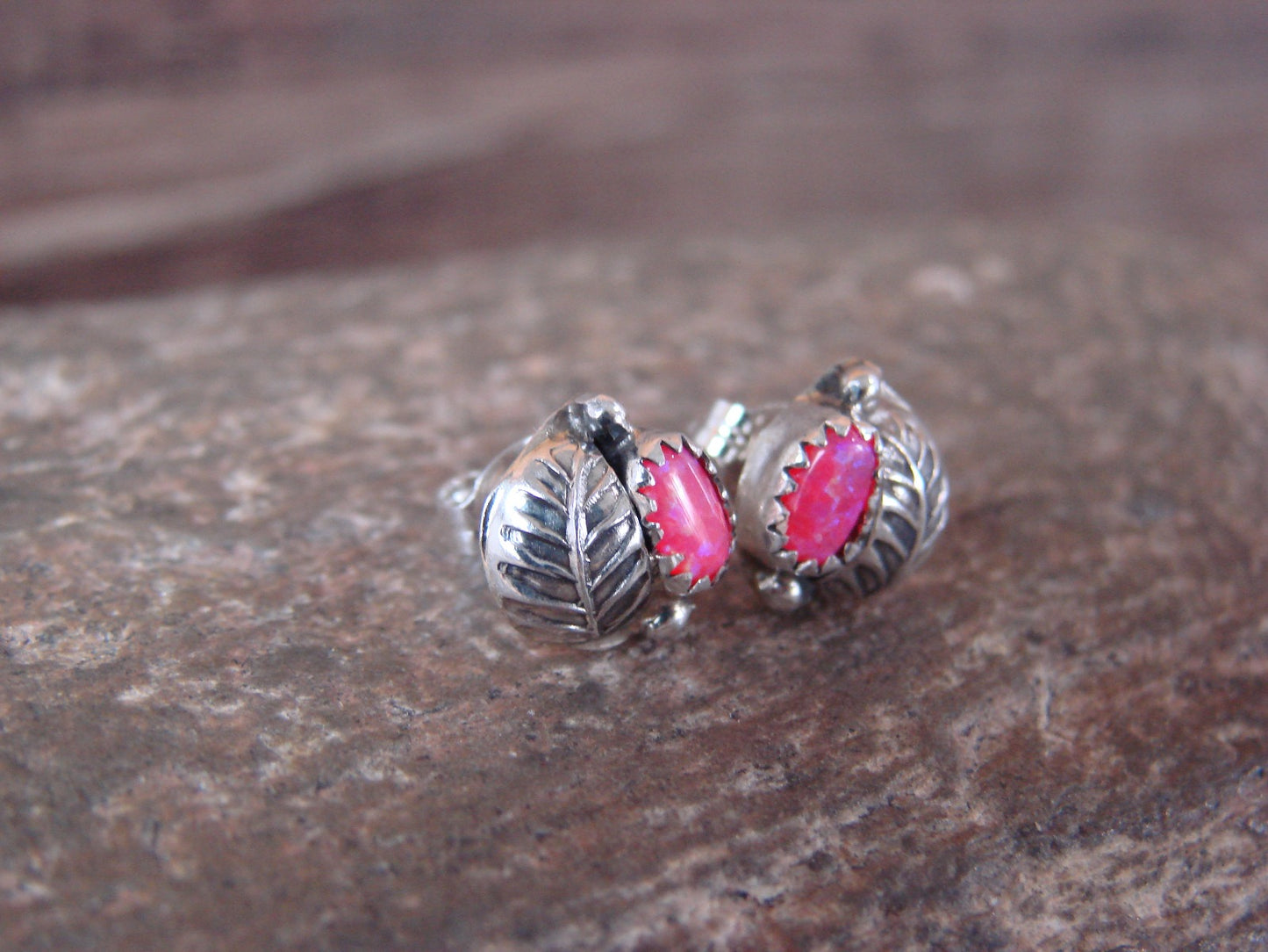 Navajo Sterling Silver & Pink Opal Feather Post Earrings by Joe