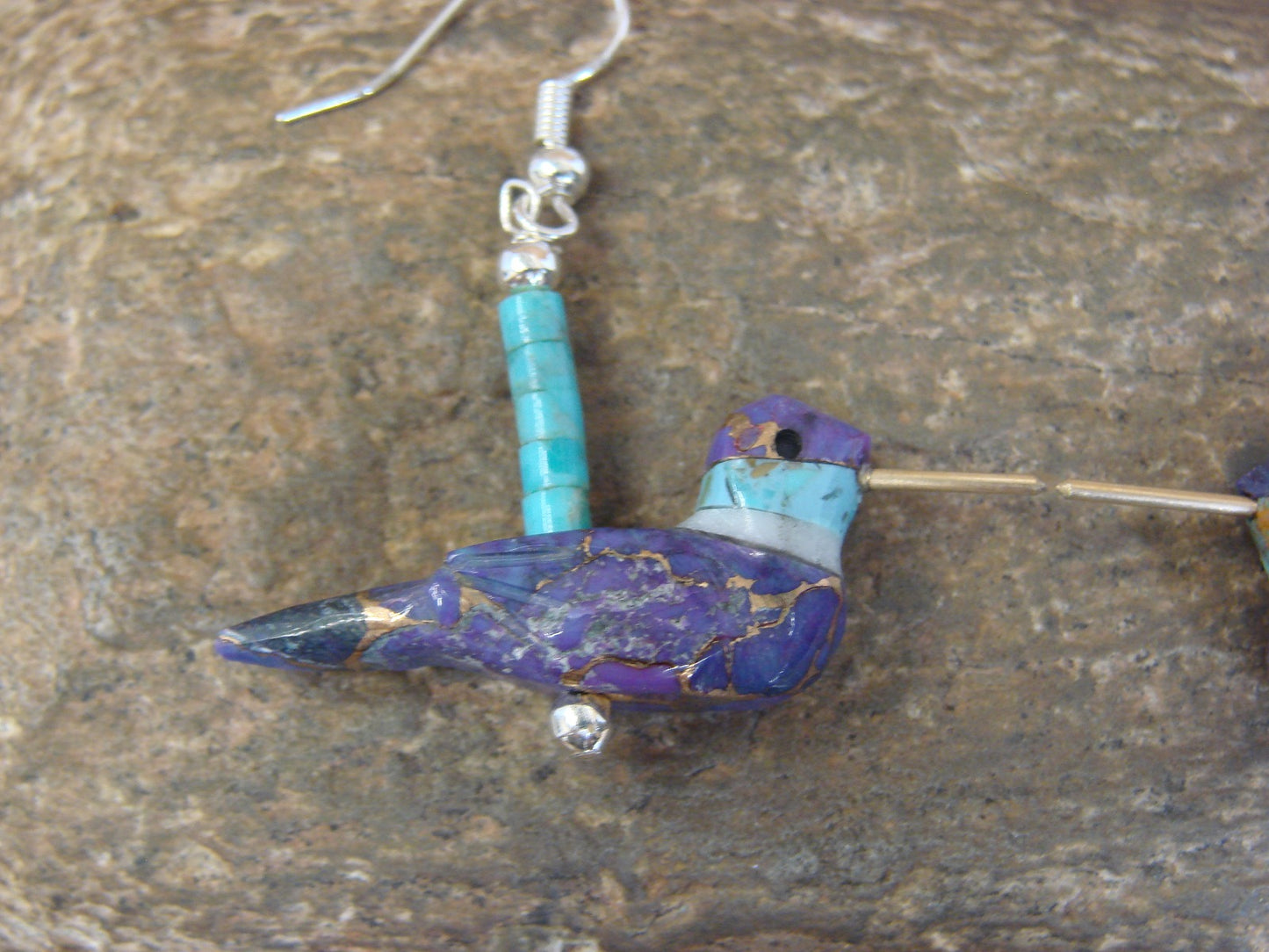 Purple Mohave Turquoise Bronze Aggregate Hummingbird Fetish Earrings - Mitchell