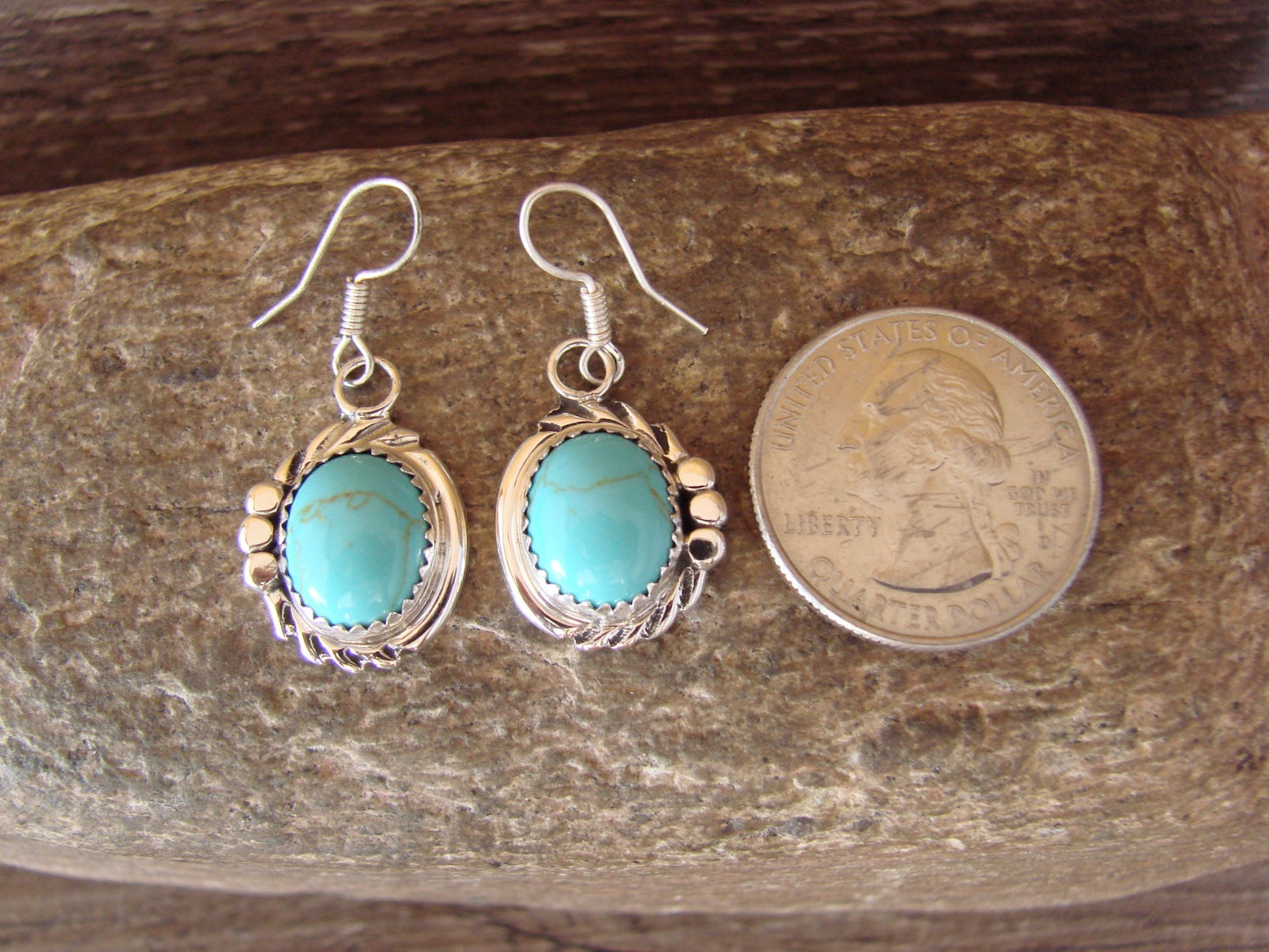 Navajo Indian Sterling Silver & Turquoise Dangle Earrings by Delores Cadman