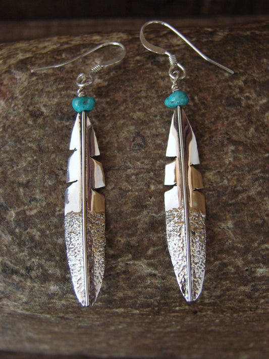 Native American Sterling Silver & Turquoise Feather Dangle Earrings by Arviso