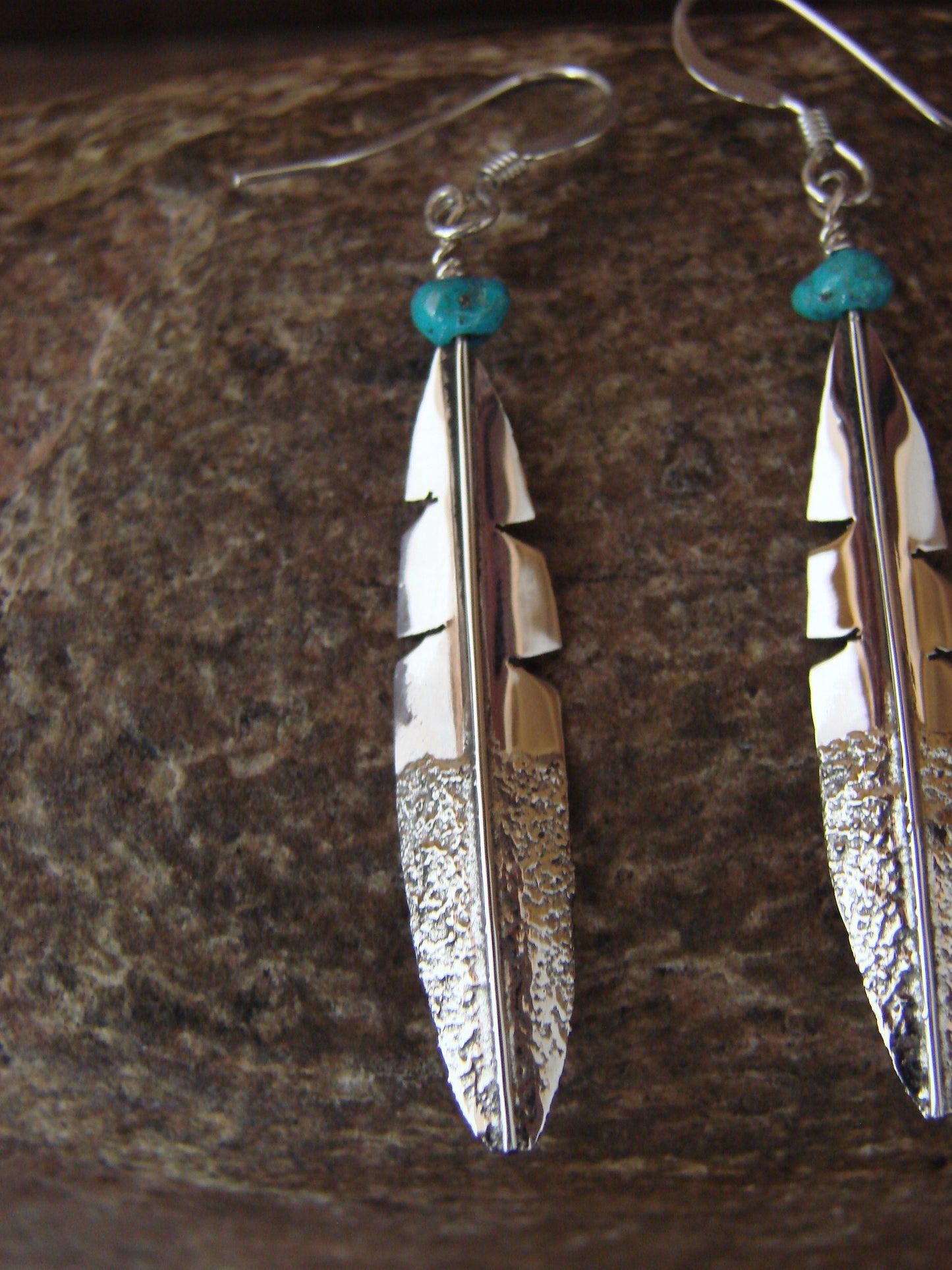 Native American Sterling Silver & Turquoise Feather Dangle Earrings by Arviso