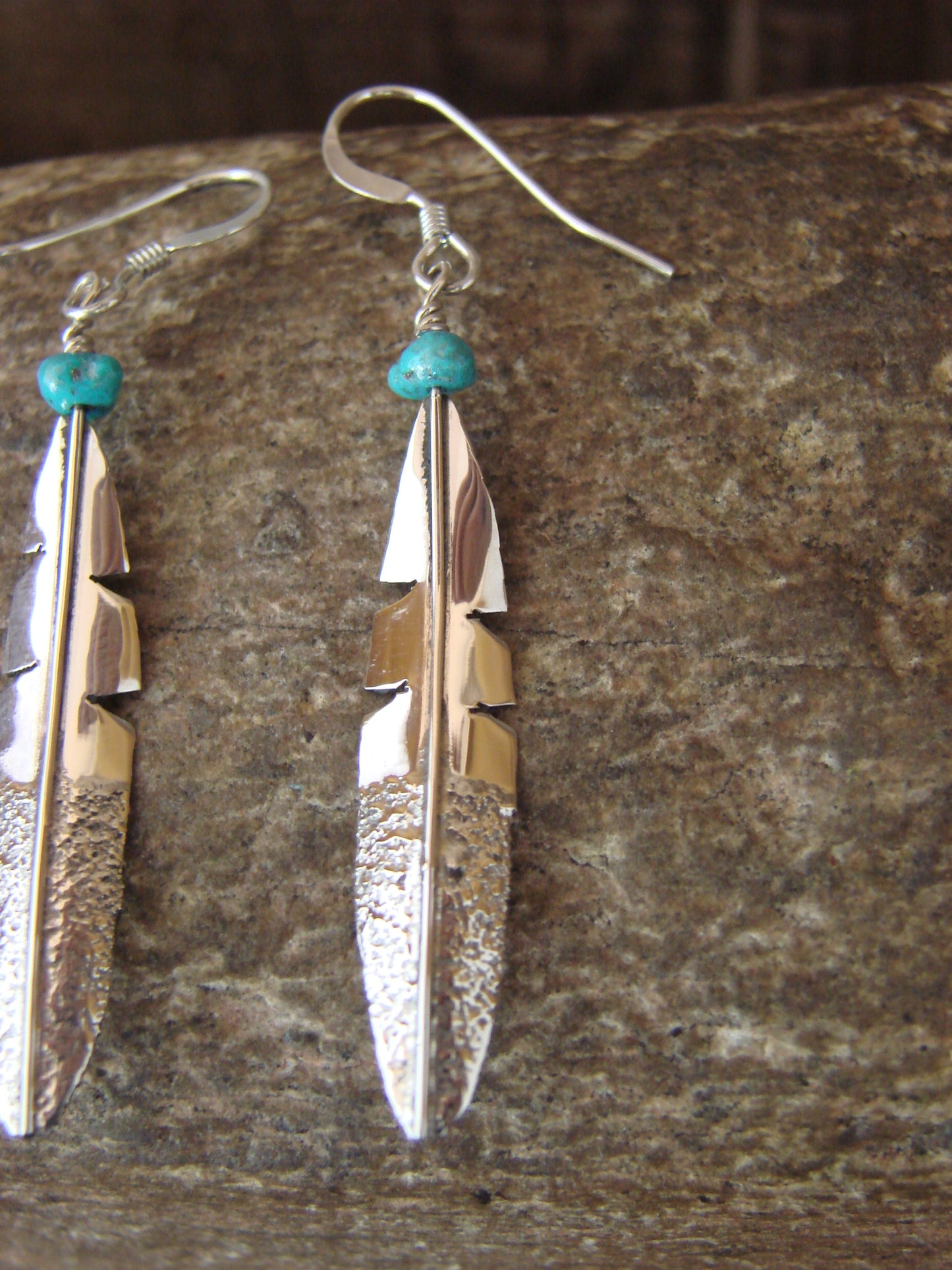 Native American Sterling Silver & Turquoise Feather Dangle Earrings by Arviso