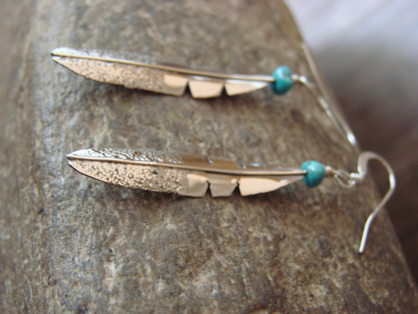 Native American Sterling Silver & Turquoise Feather Dangle Earrings by Arviso