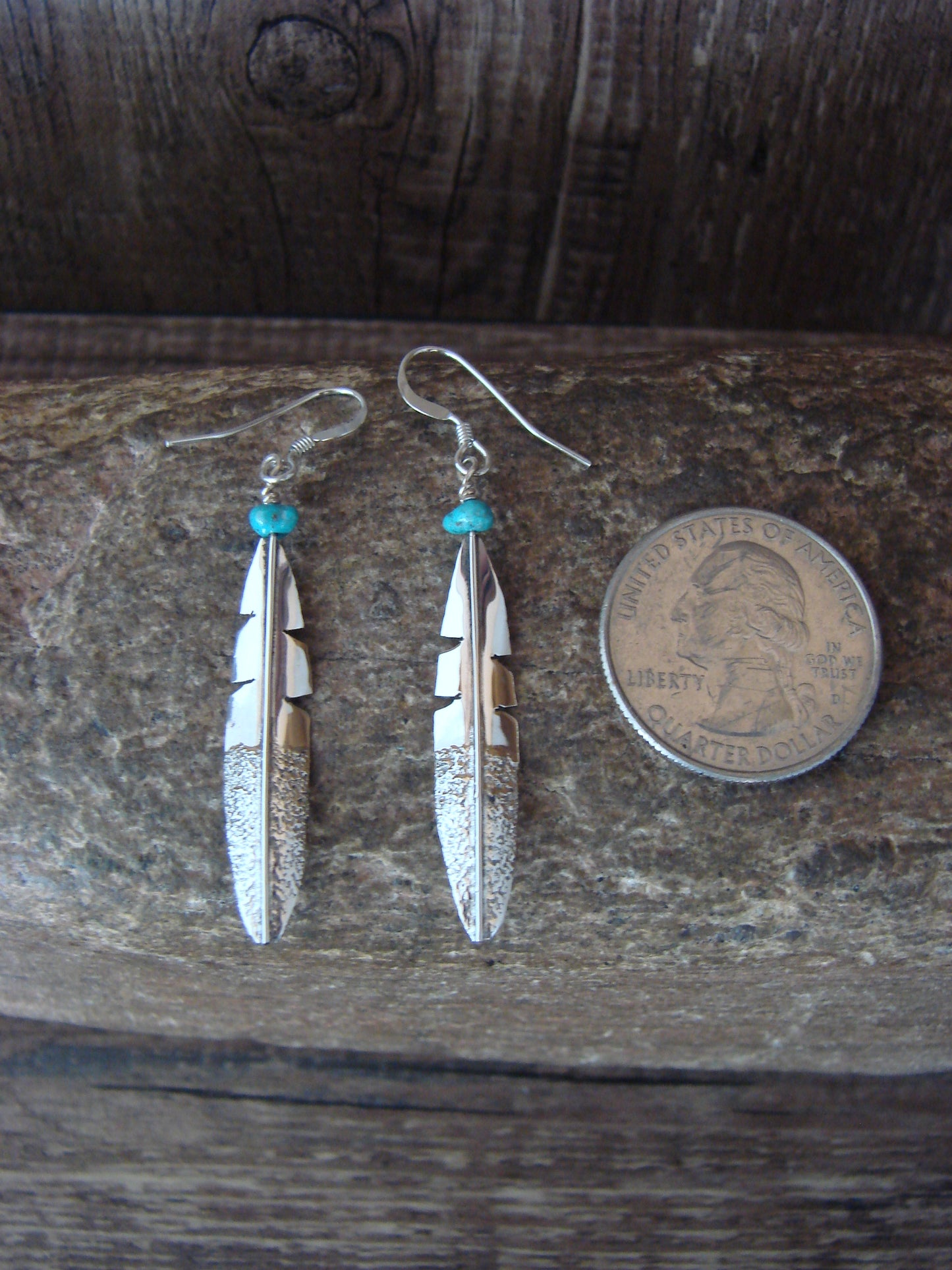 Native American Sterling Silver & Turquoise Feather Dangle Earrings by Arviso
