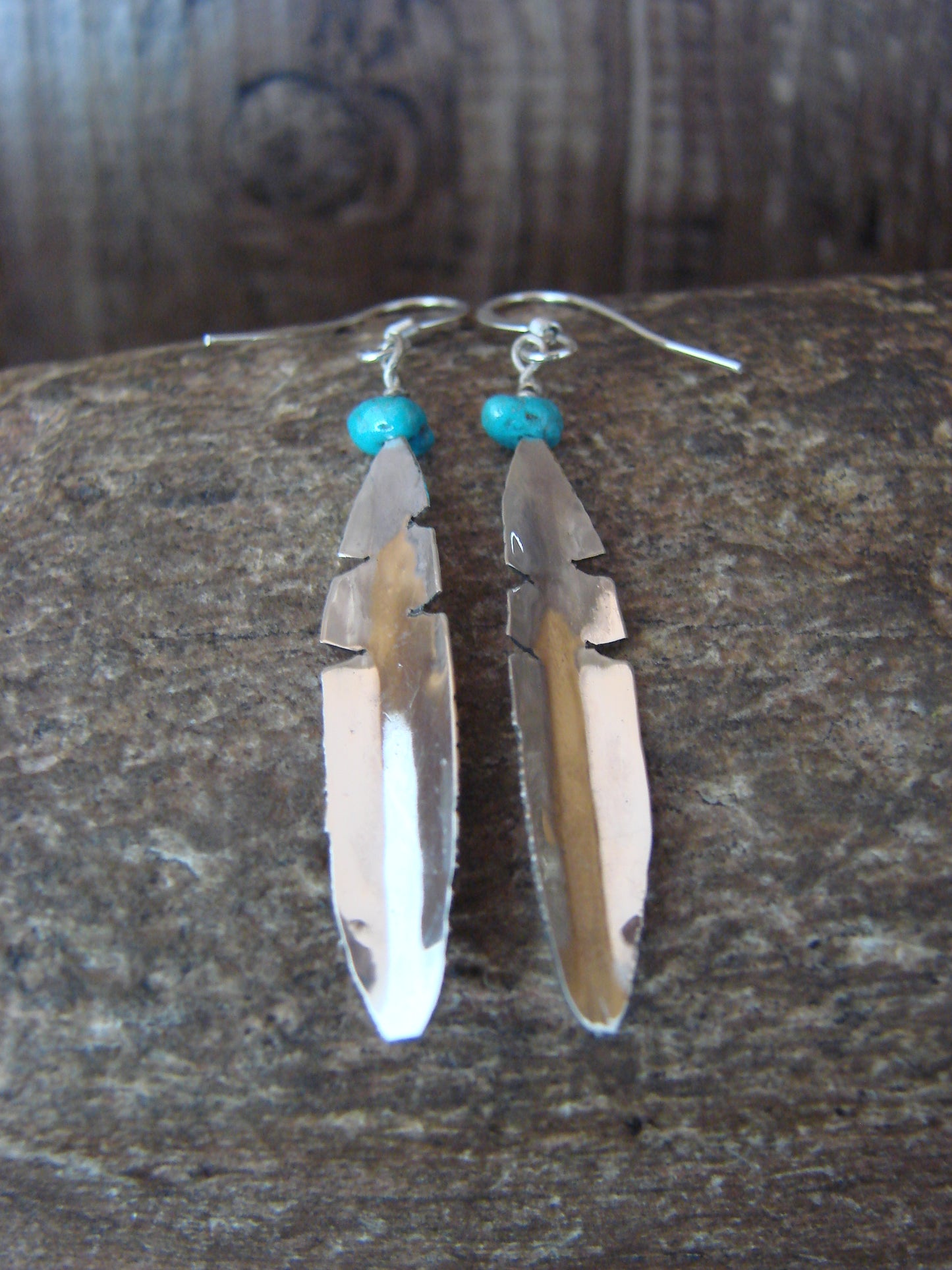 Native American Sterling Silver & Turquoise Feather Dangle Earrings by Arviso