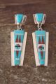 Zuni Sterling Silver Turquoise Coral Inlay Sunface Post Earrings - Edaakie