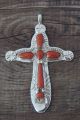 Zuni Indian Sterling Silver Coral Cross Pendant by Lule! Hand Stamped!