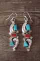 Zuni Sterling Silver Turquoise Coral Leaf Dangle Earrings! A. Locaspino