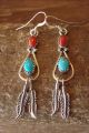 Navajo Sterling Silver Turquoise Coral Feather Dangle Earrings - Jim