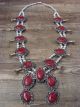 Large Navajo Nickel Silver Red Howlite Squash Blossom Necklace Signed JC