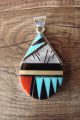 Zuni Indian Sterling Silver Turquoise, Coral, Jet, Mop Inlay Pendant by Cleo Kallestewa