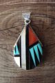 Zuni Indian Sterling Silver Turquoise, Coral, Jet, Mop Inlay Pendant by Cleo Kallestewa