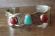 Native American Jewelry Nickel Silver Turquoise Coral 3 Stone Bracelet by Bobby Cleveland