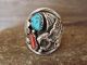 Navajo Indian Sterling Silver Turquoise & Coral Eagle  Ring by Saunders - Size 12