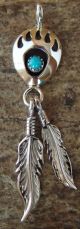 Navajo Indian Jewelry Sterling Silver Turquoise Bear Paw Feather Pendant