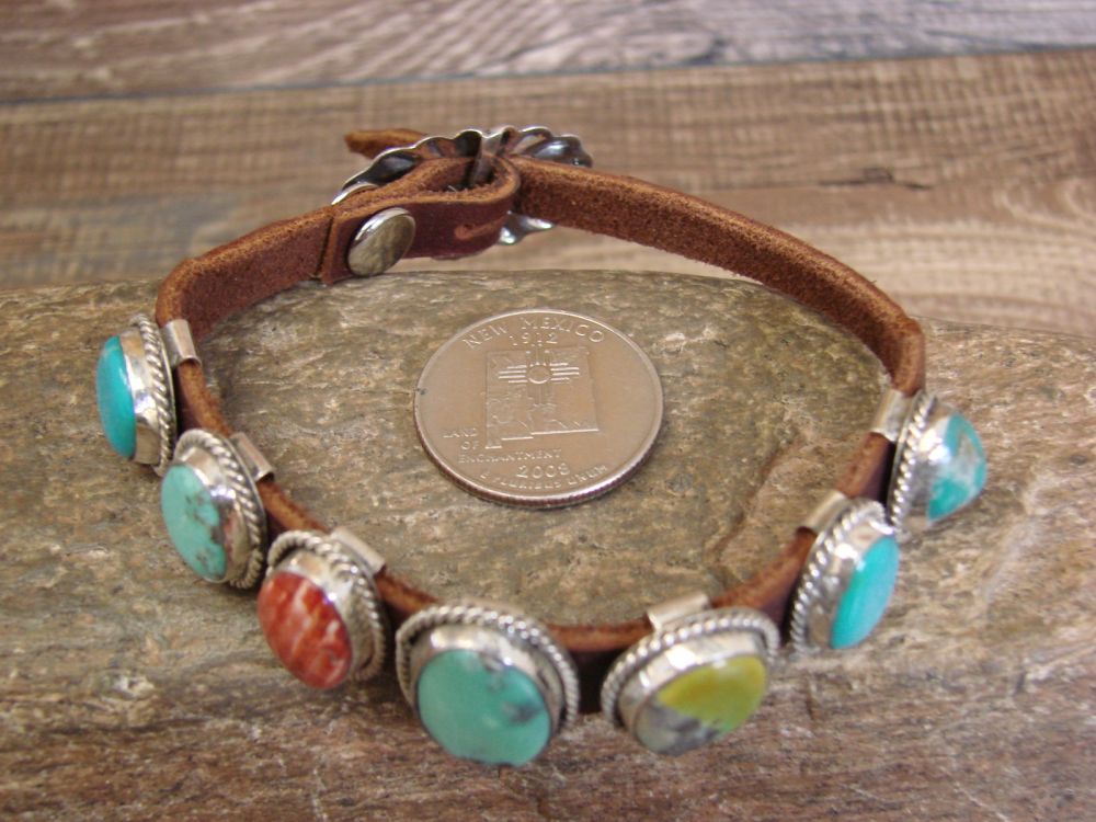 Native American handcrafted Artist store Signed Turquoise Spiny Oyster Leather Bracele