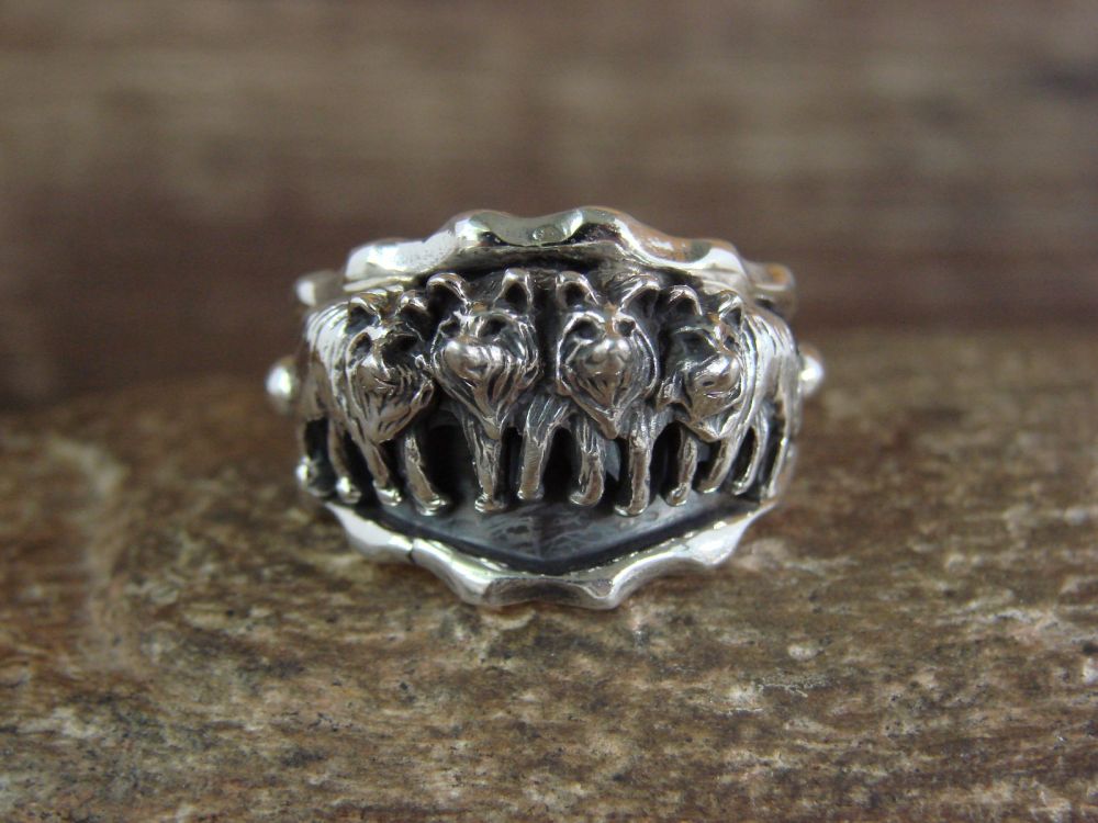 Navajo Indian Sterling Silver Wolf Pack Ring Size 13 - Genevieve Francisco