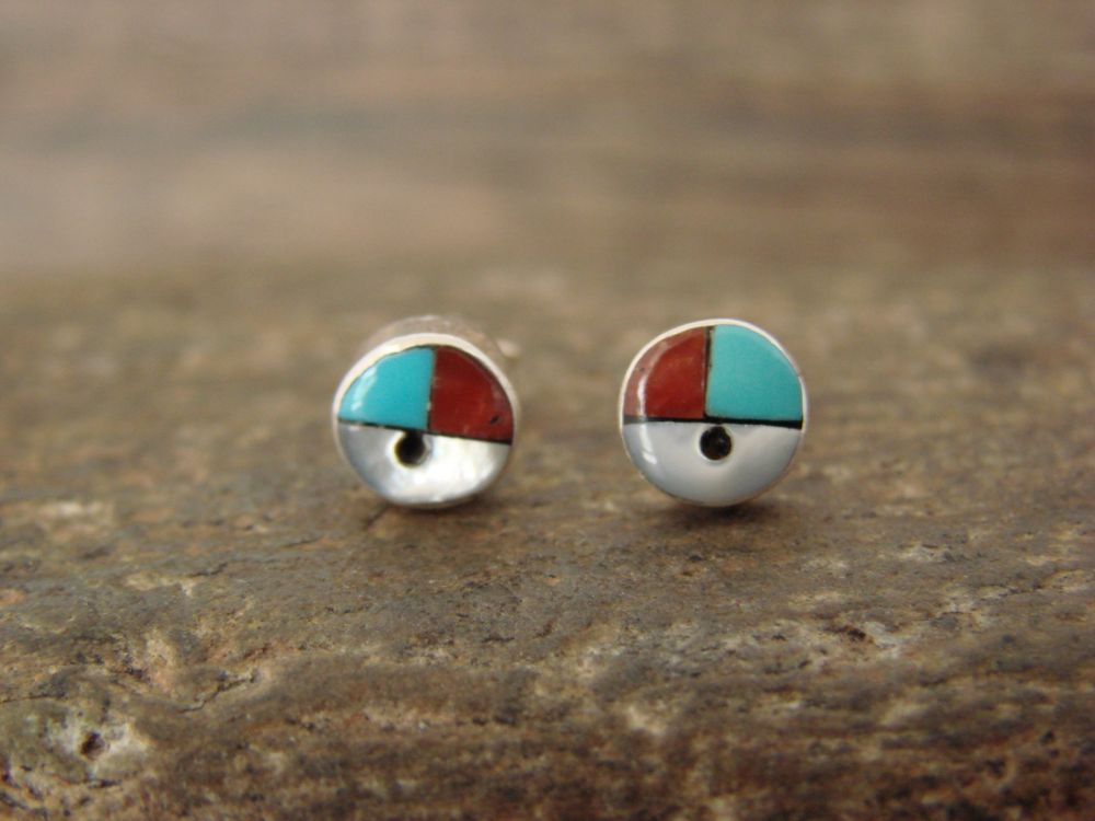 Signed good Zuni Sterling Silver Multi Stone Inlay Sunface Stud Earrings